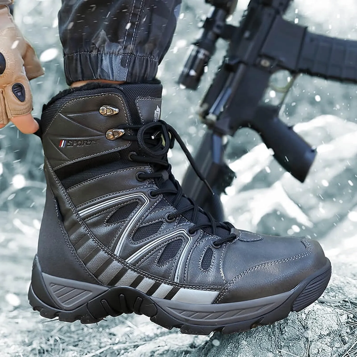 Eliogn Mens Combat Boots Tactical Waterproof Durable Leather Military Warm Snow Work Boots