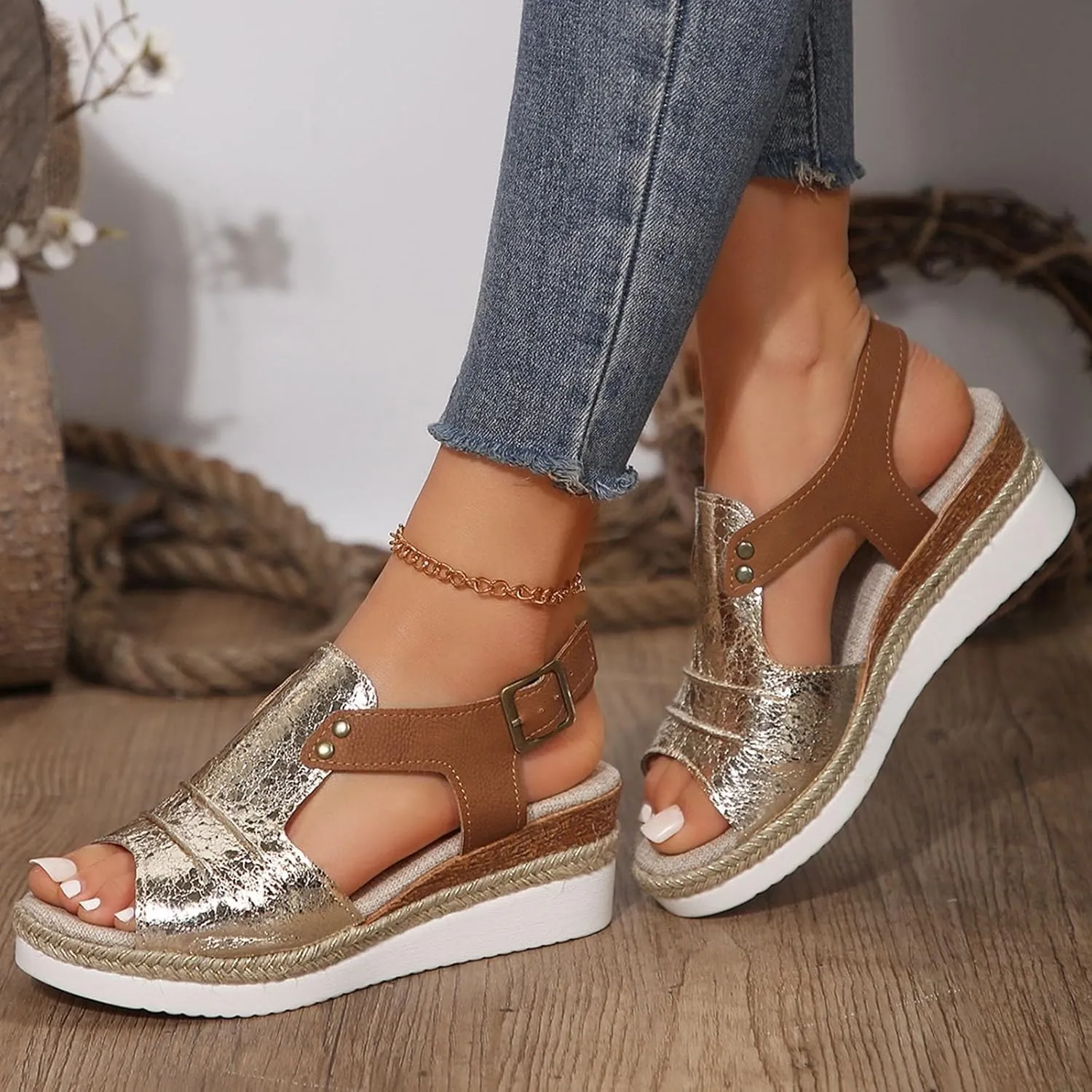 Espadrilles Wedge Sandals for Women,Open Toe Sandals Women Summer Dressy 2025 Comfortable Low Wedge Sandals Casual Slip On Sandals Strappy Sandals Fashion Platform Wedge Sandals Sandalias De Mujer