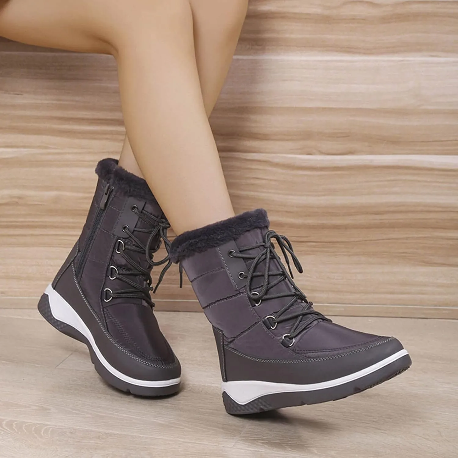 Fall Boots Womens Waterproof Snow Boots Platform Fur Lined Mid Calf Snow Rain Lace Up Warm Boots with Arch Support