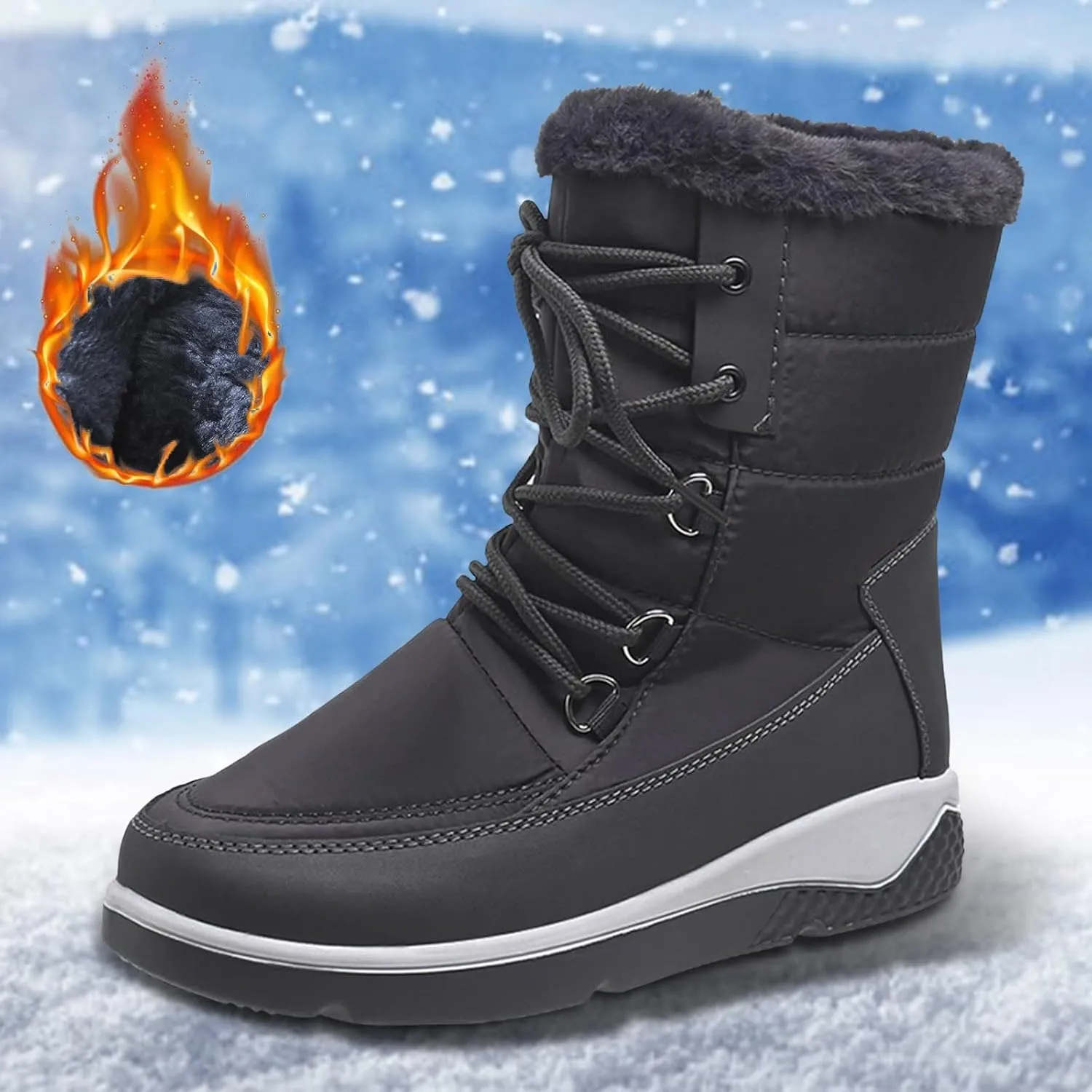 Fall Boots Womens Waterproof Snow Boots Platform Fur Lined Mid Calf Snow Rain Lace Up Warm Boots with Arch Support