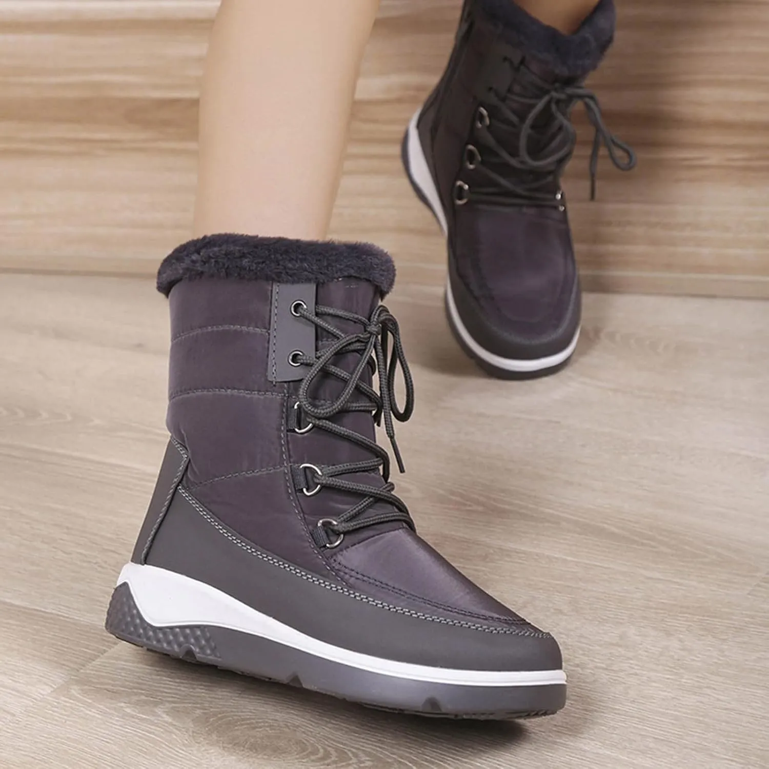 Fall Boots Womens Waterproof Snow Boots Platform Fur Lined Mid Calf Snow Rain Lace Up Warm Boots with Arch Support