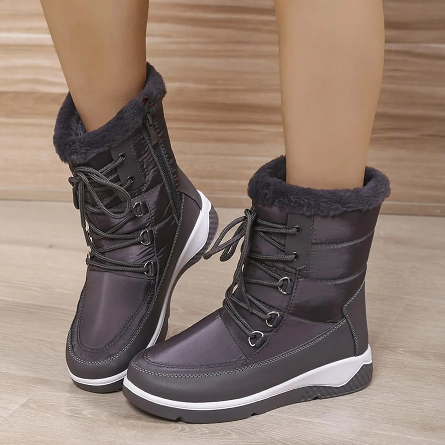 Fall Boots Womens Waterproof Snow Boots Platform Fur Lined Mid Calf Snow Rain Lace Up Warm Boots with Arch Support