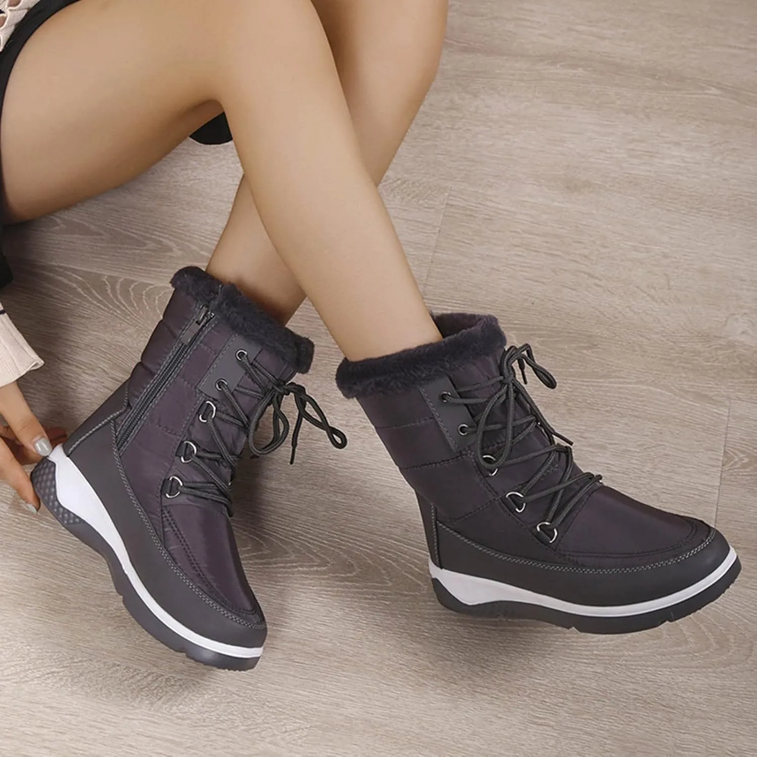 Fall Boots Womens Waterproof Snow Boots Platform Fur Lined Mid Calf Snow Rain Lace Up Warm Boots with Arch Support