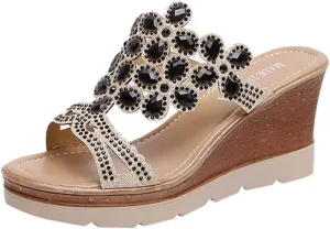 Fashion Women Summer Open Toe Breathable Beach Sandals Rhinestone Slip On Wedges Shoes Womens Sandals