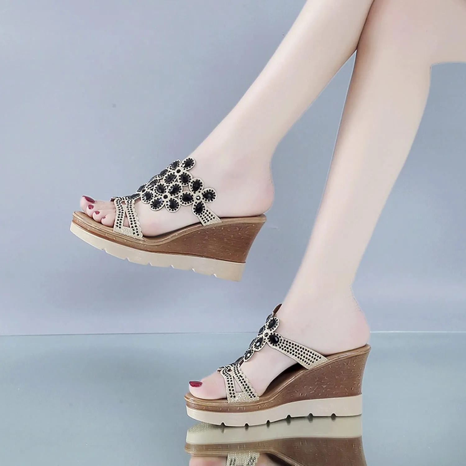 Fashion Women Summer Open Toe Breathable Beach Sandals Rhinestone Slip On Wedges Shoes Womens Sandals