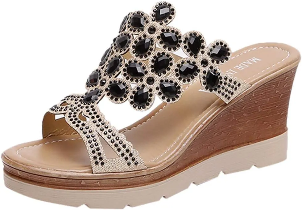 Fashion Women Summer Open Toe Breathable Beach Sandals Rhinestone Slip On Wedges Shoes Womens Sandals