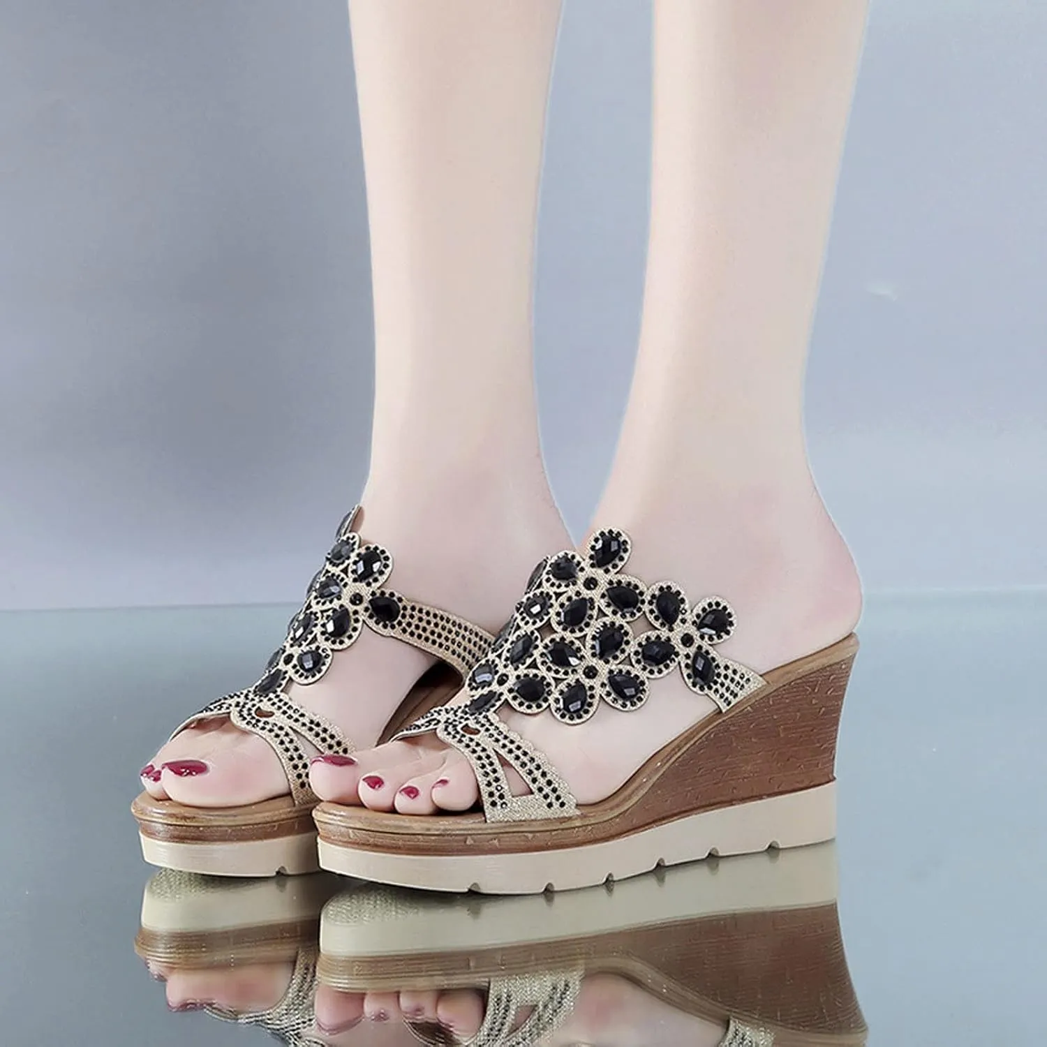 Fashion Women Summer Open Toe Breathable Beach Sandals Rhinestone Slip On Wedges Shoes Womens Sandals