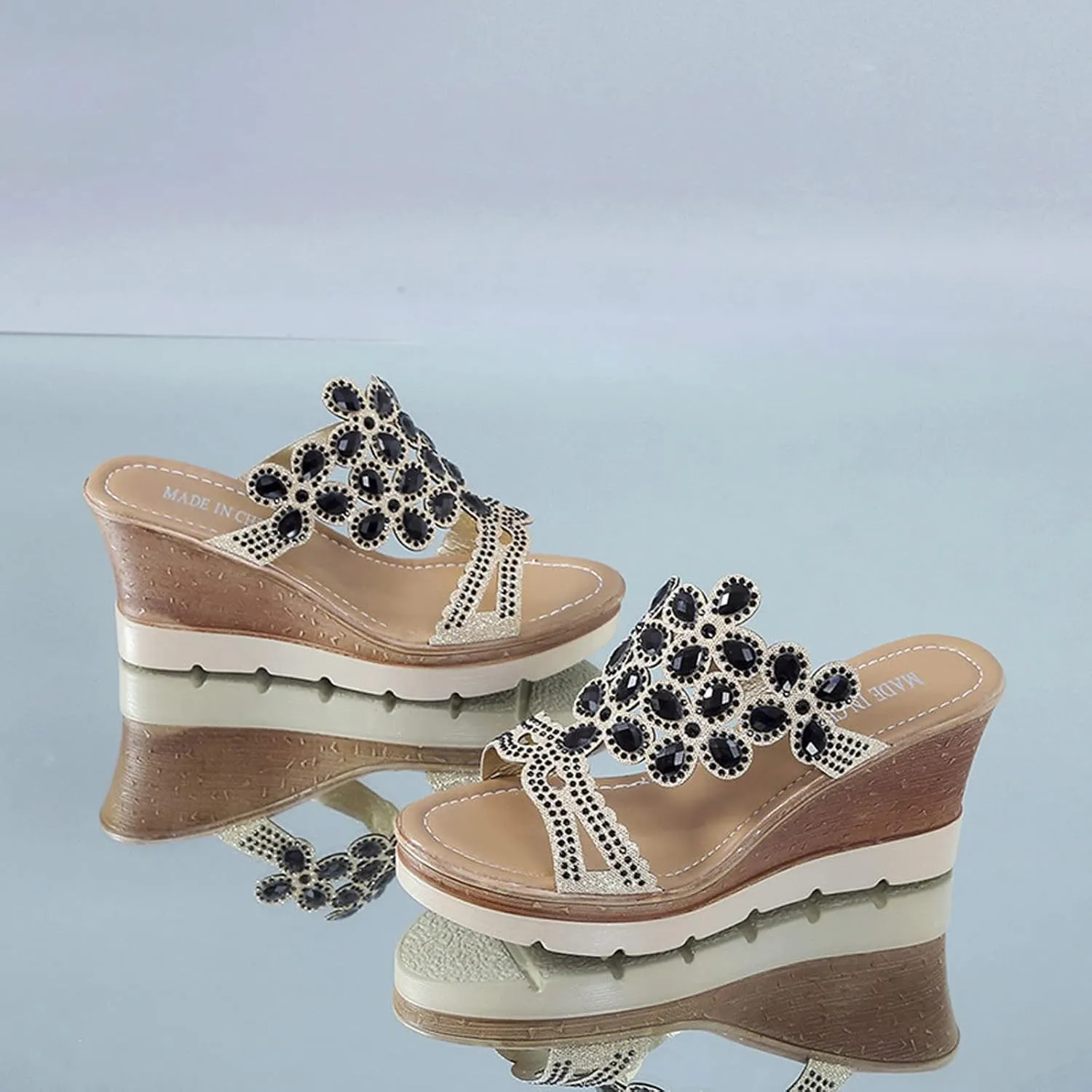 Fashion Women Summer Open Toe Breathable Beach Sandals Rhinestone Slip On Wedges Shoes Womens Sandals