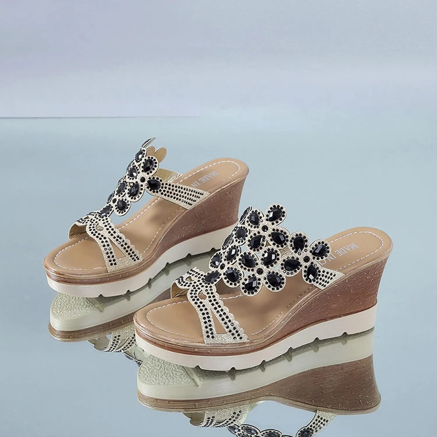 Fashion Women Summer Open Toe Breathable Beach Sandals Rhinestone Slip On Wedges Shoes Womens Sandals