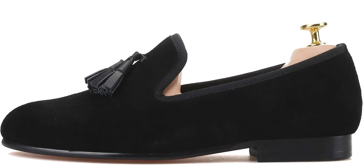 FERUCCI Men Black Suede Slippers Loafers Flat with Black Leather Tassel