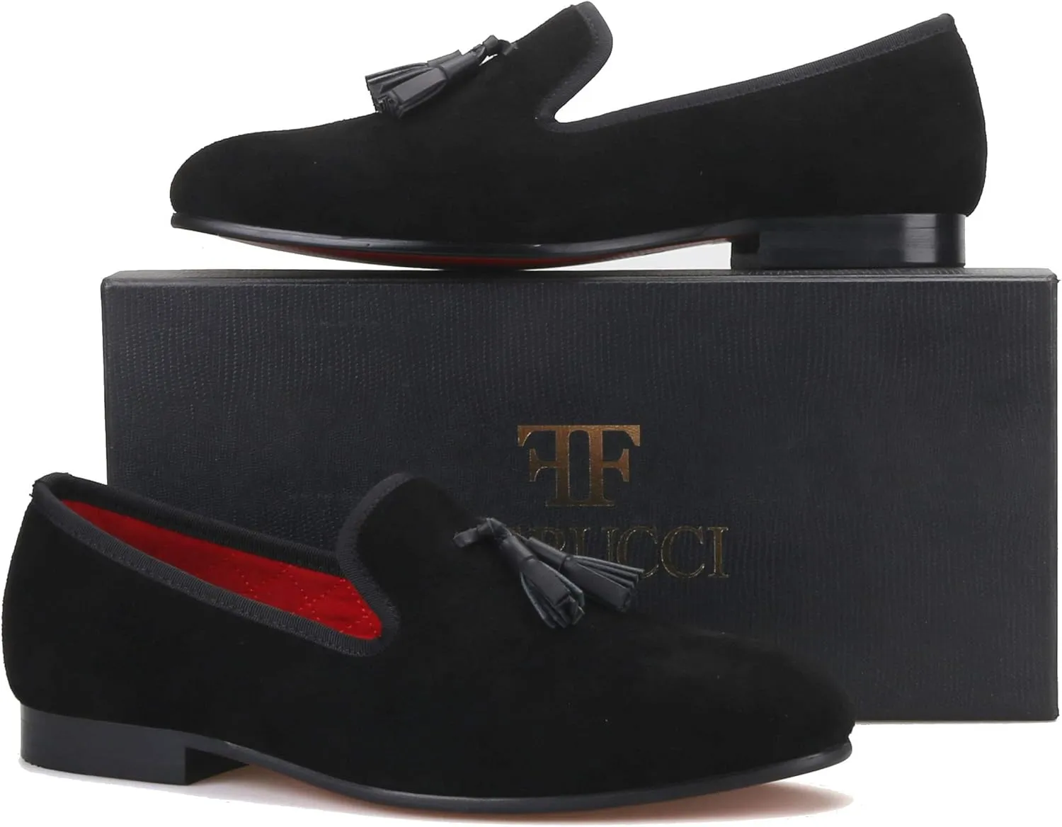 FERUCCI Men Black Suede Slippers Loafers Flat with Black Leather Tassel