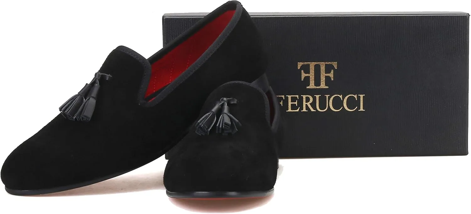 FERUCCI Men Black Suede Slippers Loafers Flat with Black Leather Tassel