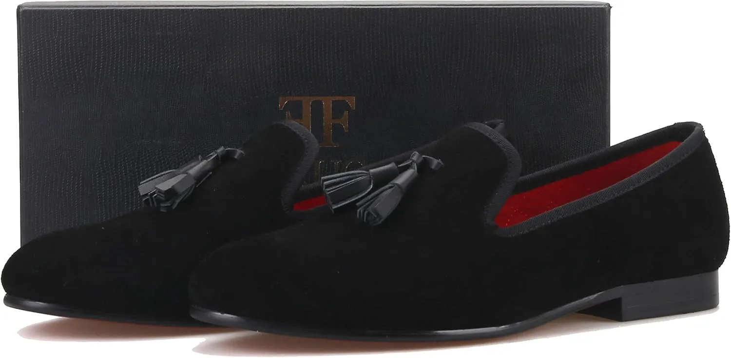 FERUCCI Men Black Suede Slippers Loafers Flat with Black Leather Tassel