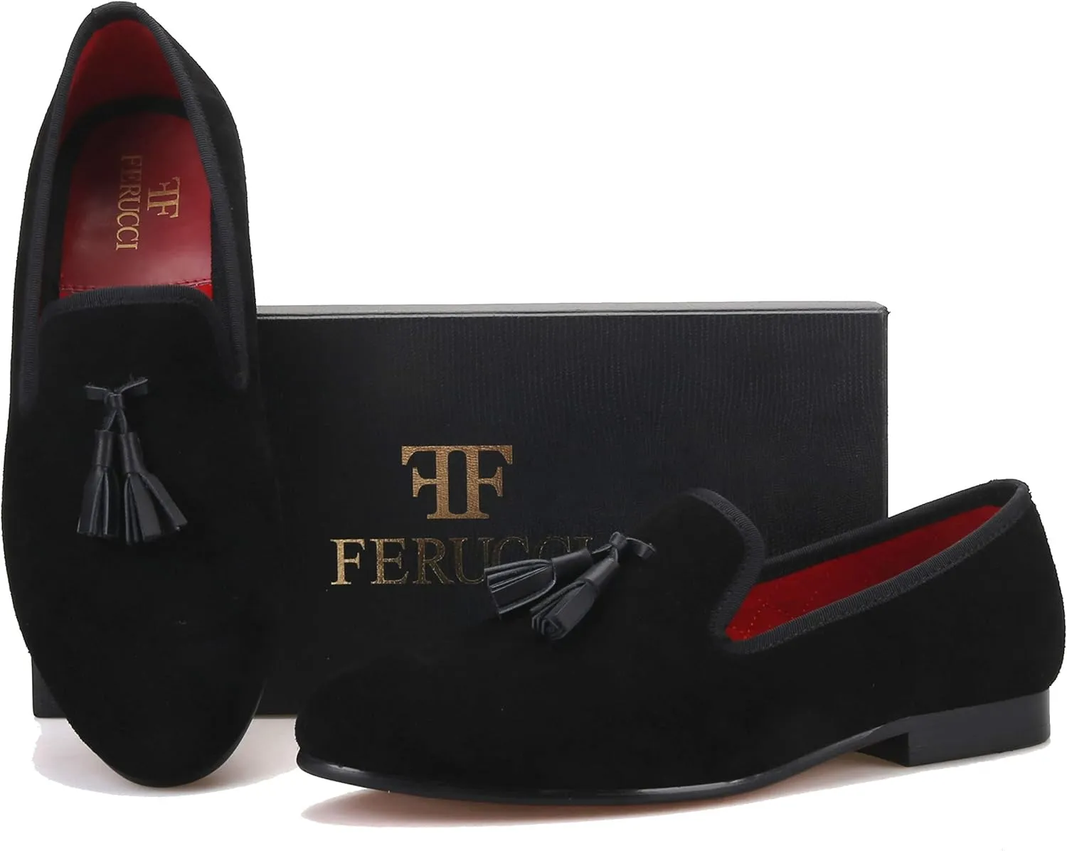 FERUCCI Men Black Suede Slippers Loafers Flat with Black Leather Tassel