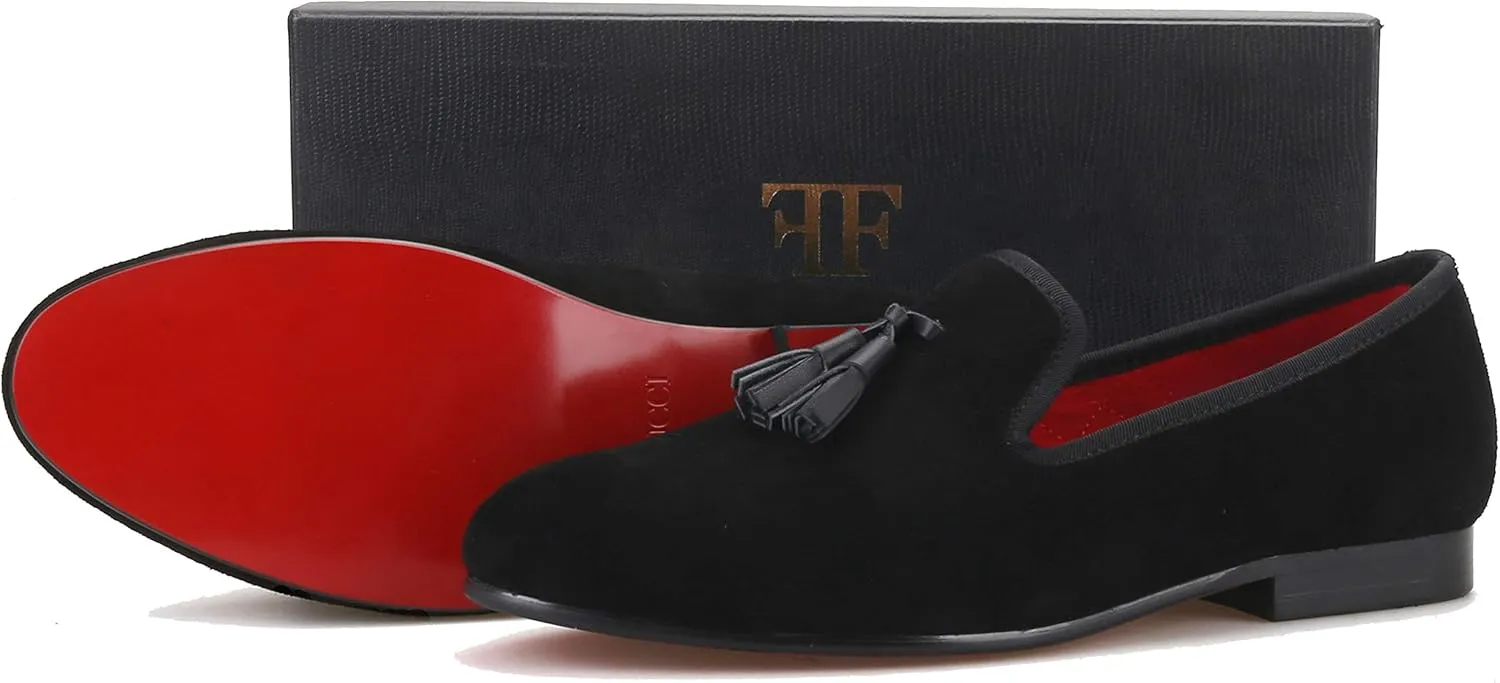 FERUCCI Men Black Suede Slippers Loafers Flat with Black Leather Tassel