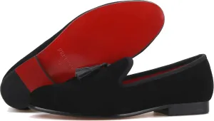 FERUCCI Men Black Suede Slippers Loafers Flat with Black Leather Tassel