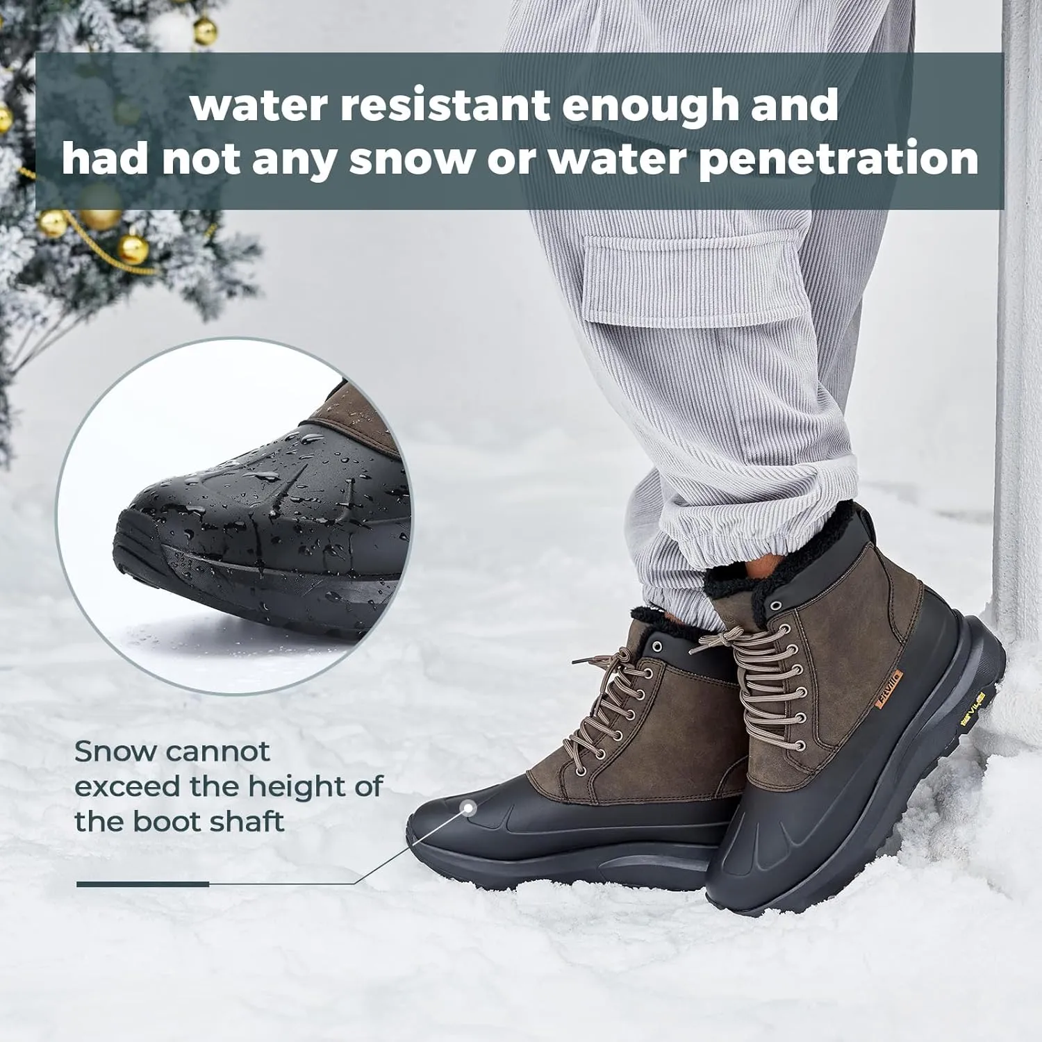 FitVille Men Wide Winter Boots Waterproof Insulated Duck Snow Boots Outdoor Hiking Mid Calf Boots Slip Resistance Warm Fur Liner High-top Shoes