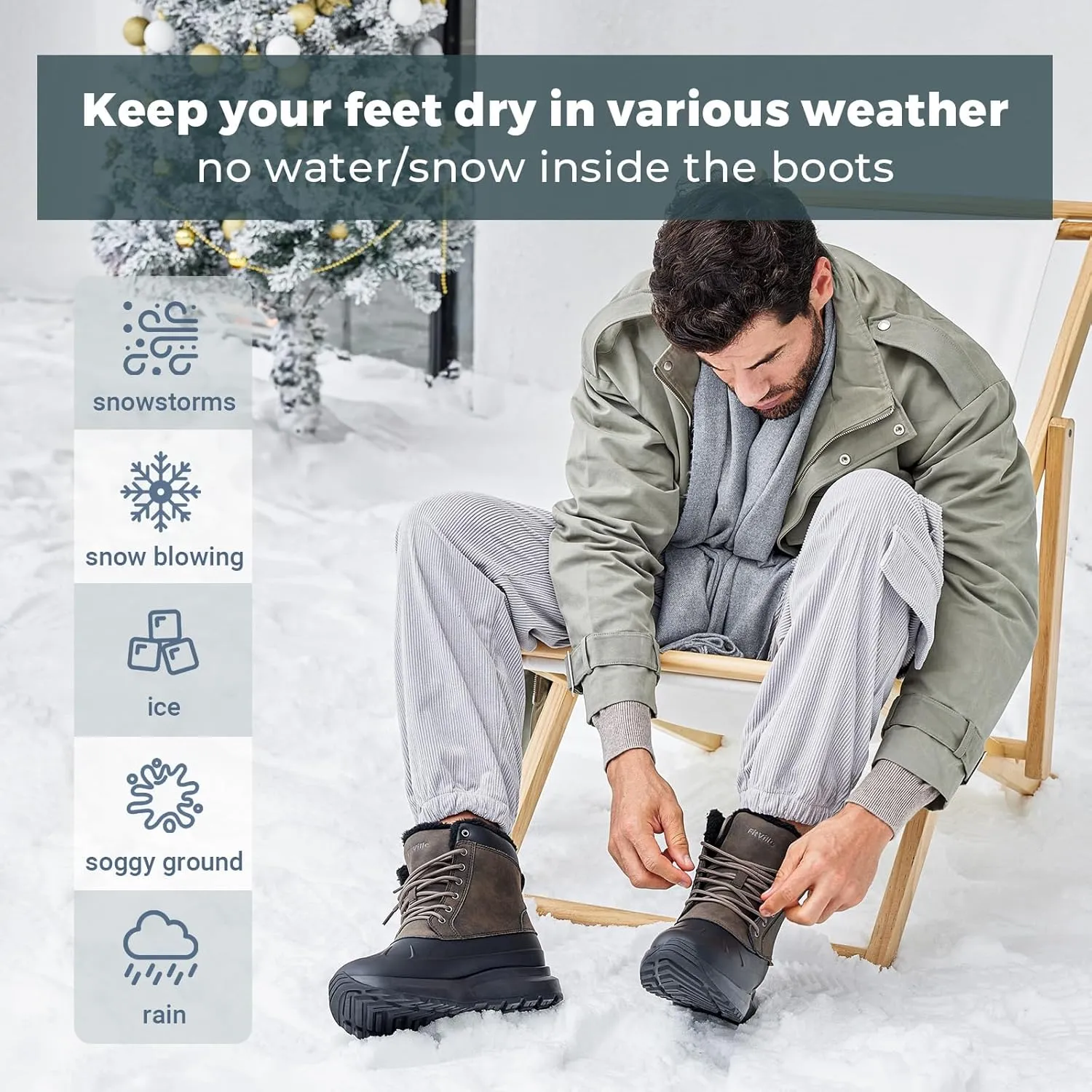 FitVille Men Wide Winter Boots Waterproof Insulated Duck Snow Boots Outdoor Hiking Mid Calf Boots Slip Resistance Warm Fur Liner High-top Shoes