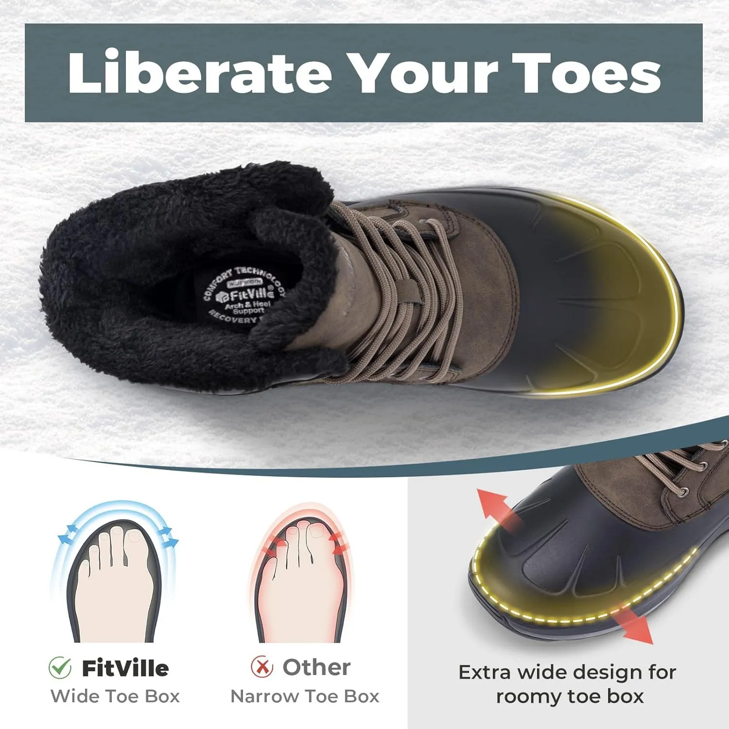 FitVille Men Wide Winter Boots Waterproof Insulated Duck Snow Boots Outdoor Hiking Mid Calf Boots Slip Resistance Warm Fur Liner High-top Shoes