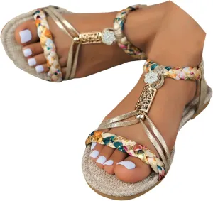 Flat Sandals for Women Dressy Summer 2025 Casual Bohemian Beach Sandal Orthopedic Wedge Ankle Strap Flip Flops Open Toe Jeweled Flat Shoes