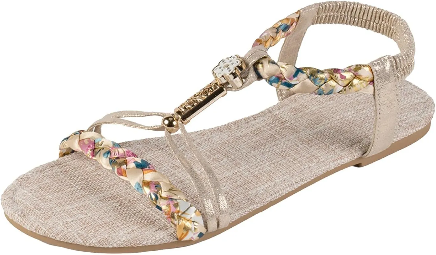Flat Sandals for Women Dressy Summer 2025 Casual Bohemian Beach Sandal Orthopedic Wedge Ankle Strap Flip Flops Open Toe Jeweled Flat Shoes