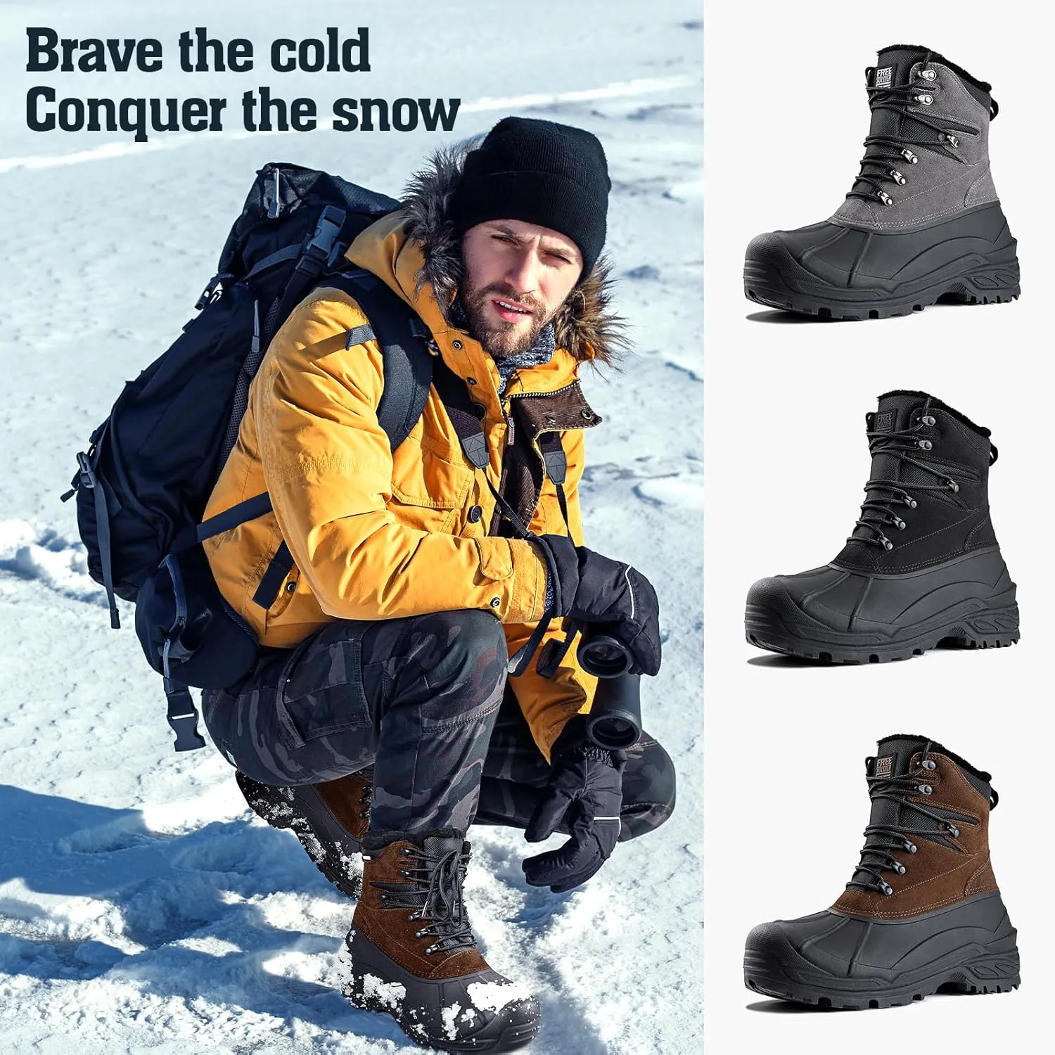 FREE SOLDIER Mens Snow Winter Boots for Men Warm Fleece Lining Winter Ski Shoes Waterproof Insulated Booties