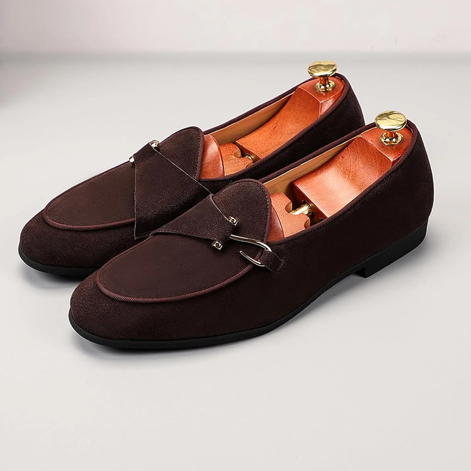 Genuine Leather Loafers for Men Suede Monk Strap Slip-On Casual Shoes