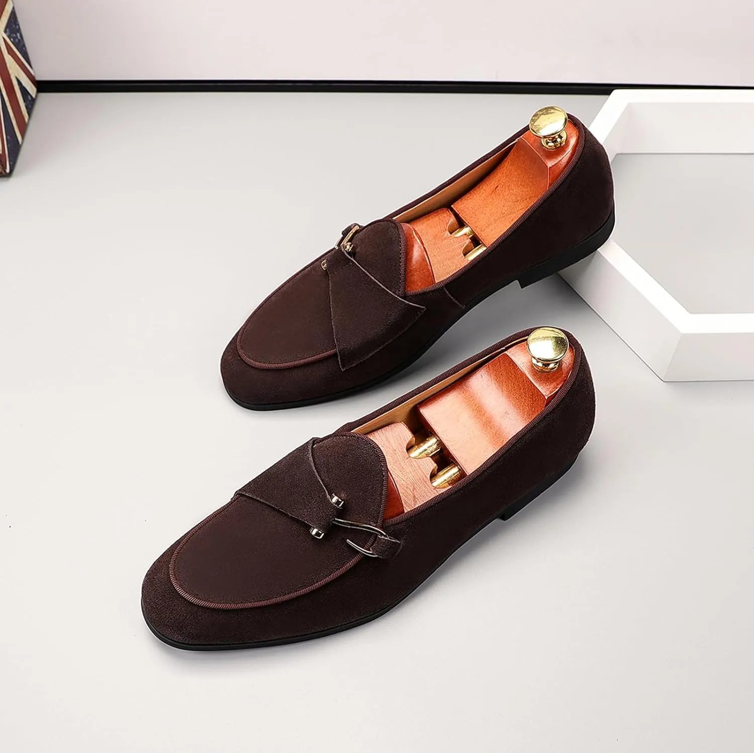 Genuine Leather Loafers for Men Suede Monk Strap Slip-On Casual Shoes