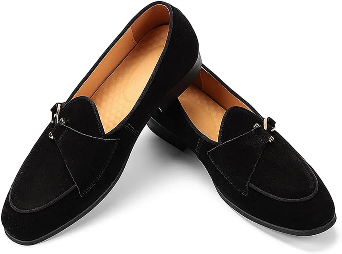 Genuine Leather Loafers for Men Suede Monk Strap Slip-On Casual Shoes