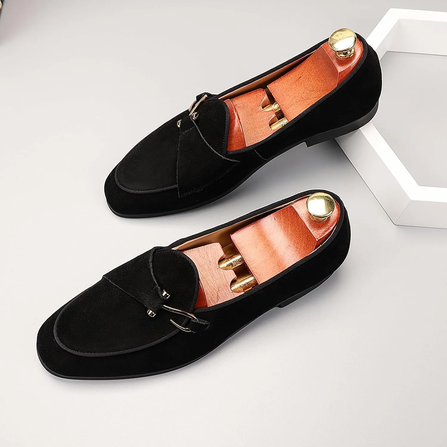 Genuine Leather Loafers for Men Suede Monk Strap Slip-On Casual Shoes