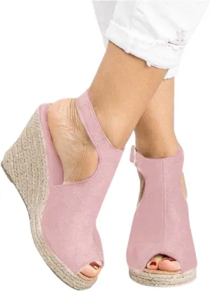 Gibobby Sandals for Women 2023 Summer Fish Mouth Open Toe Breathable Beach Sandals Slip-On Straw Casual Wedges Shoes