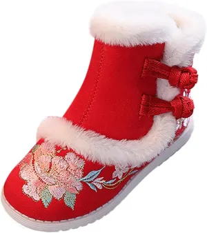 Girls Chinese Vintage Embroidered Cloth Boots Plush Inside Calendar New Year Traditional National Style Cotton Shoes