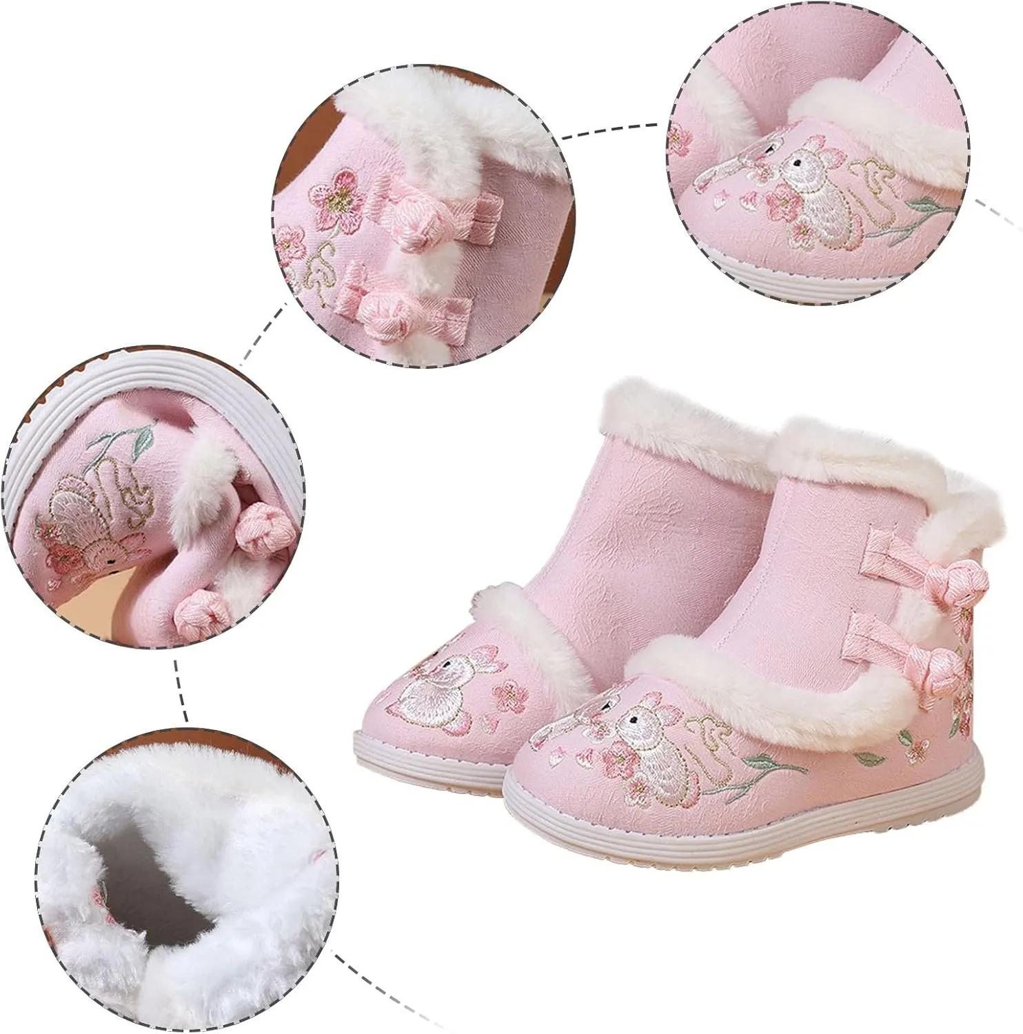 Girls Chinese Vintage Embroidered Cloth Boots Plush Inside Calendar New Year Traditional National Style Cotton Shoes