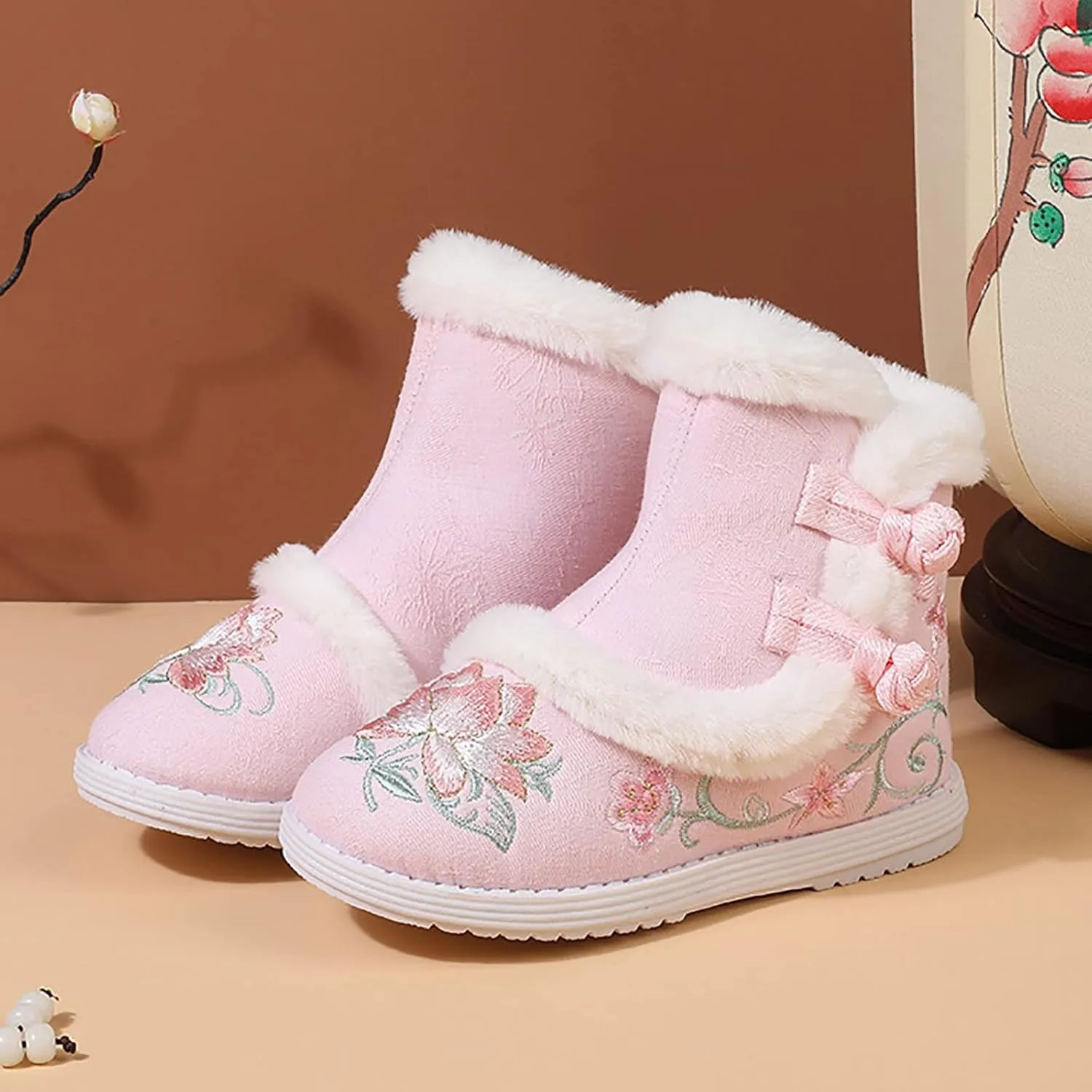 Girls Chinese Vintage Embroidered Cloth Boots Plush Inside Calendar New Year Traditional National Style Cotton Shoes