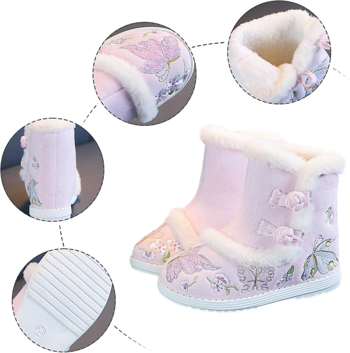 Girls Chinese Vintage Embroidered Cloth Boots Plush Inside Calendar New Year Traditional National Style Cotton Shoes