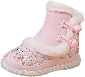 Girls Chinese Vintage Embroidered Cloth Boots Plush Inside Calendar New Year Traditional National Style Cotton Shoes