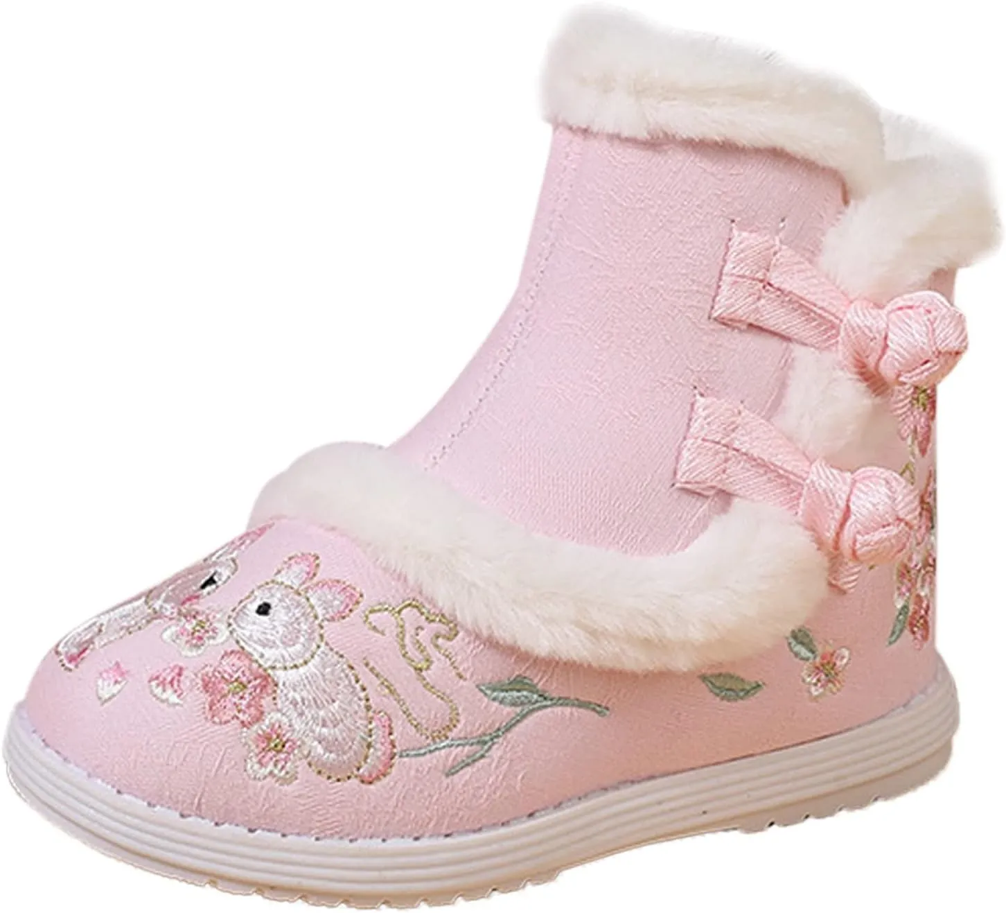 Girls Chinese Vintage Embroidered Cloth Boots Plush Inside Calendar New Year Traditional National Style Cotton Shoes