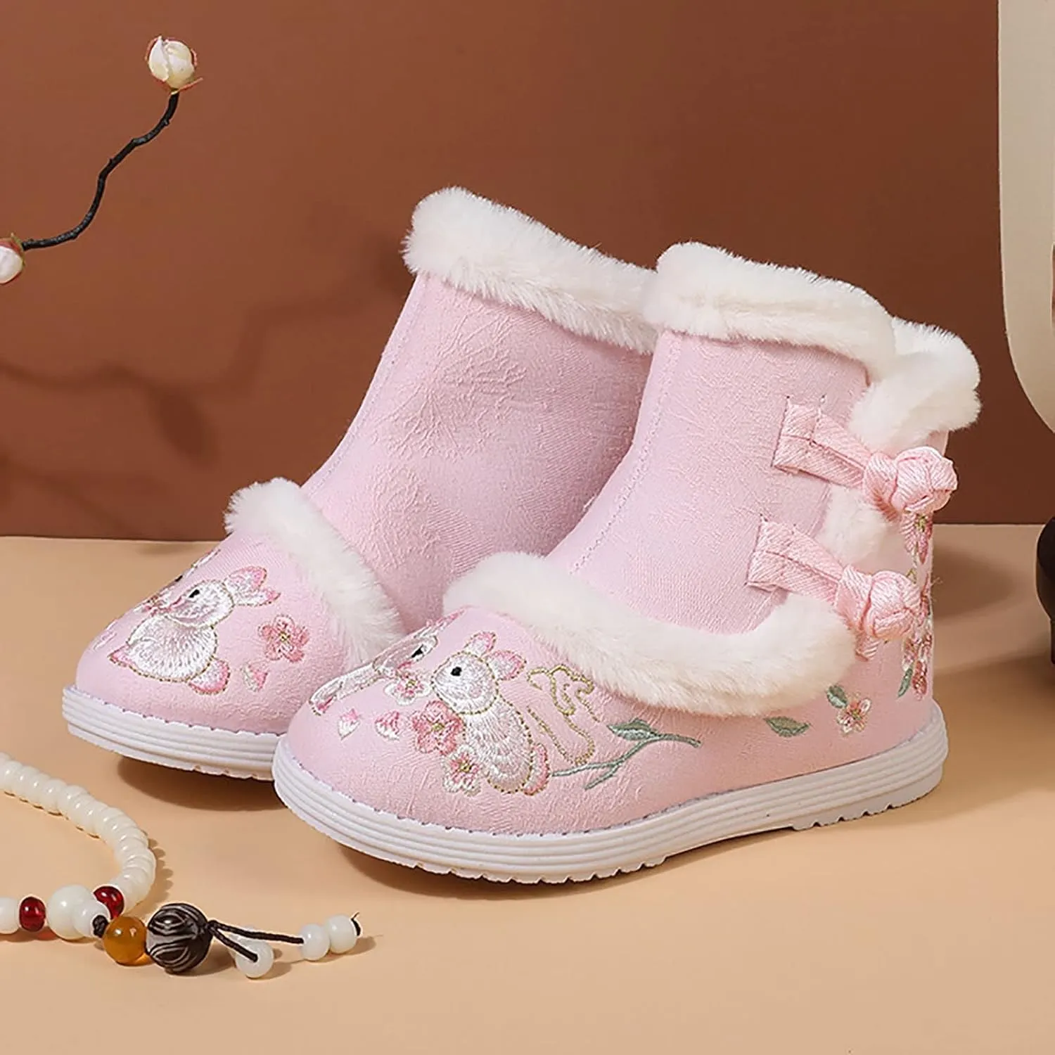 Girls Chinese Vintage Embroidered Cloth Boots Plush Inside Calendar New Year Traditional National Style Cotton Shoes