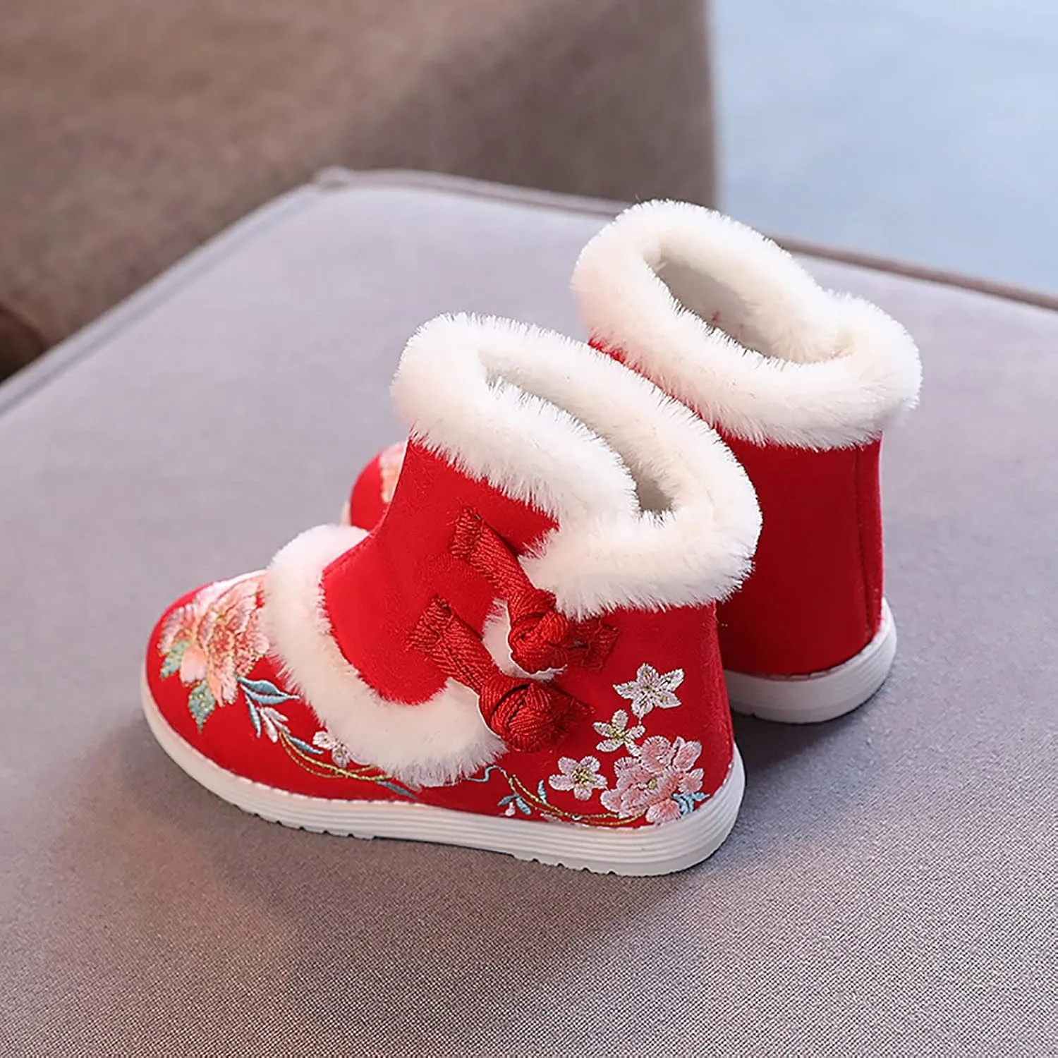 Girls Chinese Vintage Embroidered Cloth Boots Plush Inside Calendar New Year Traditional National Style Cotton Shoes