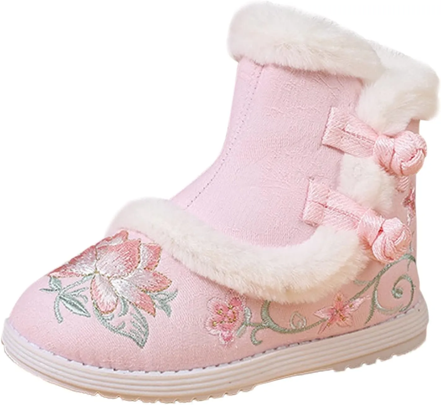 Girls Chinese Vintage Embroidered Cloth Boots Plush Inside Calendar New Year Traditional National Style Cotton Shoes