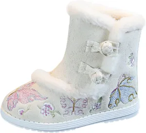 Girls Chinese Vintage Embroidered Cloth Boots Plush Inside Calendar New Year Traditional National Style Cotton Shoes
