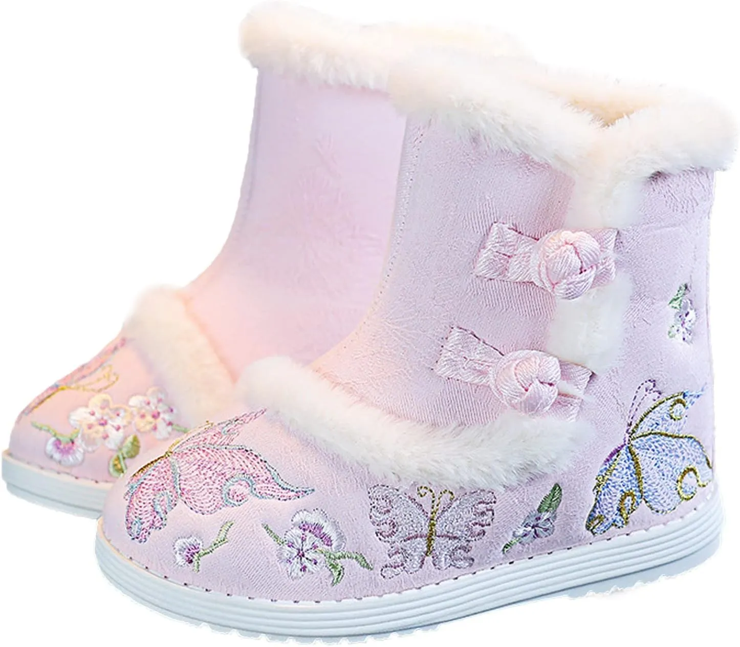 Girls Chinese Vintage Embroidered Cloth Boots Plush Inside Calendar New Year Traditional National Style Cotton Shoes