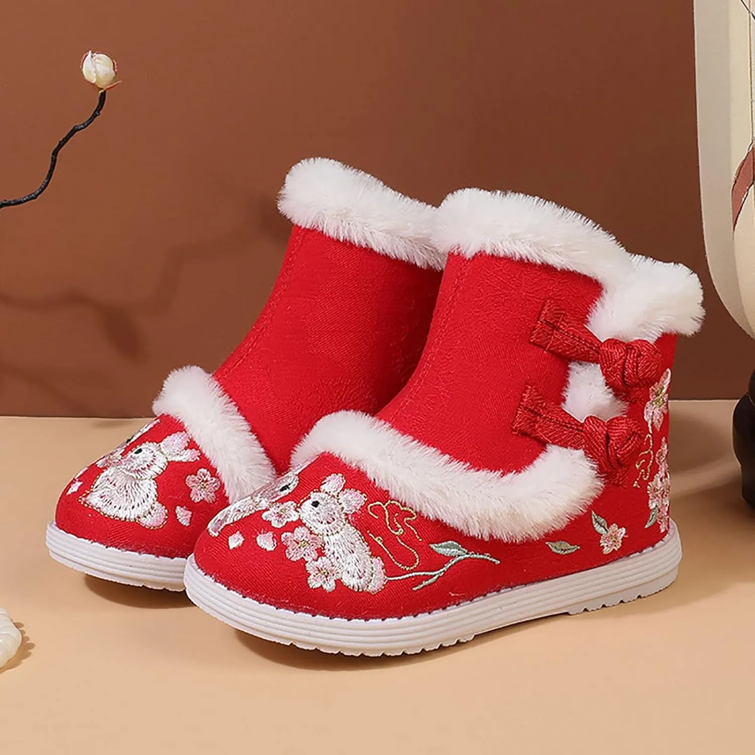 Girls Chinese Vintage Embroidered Cloth Boots Plush Inside Calendar New Year Traditional National Style Cotton Shoes