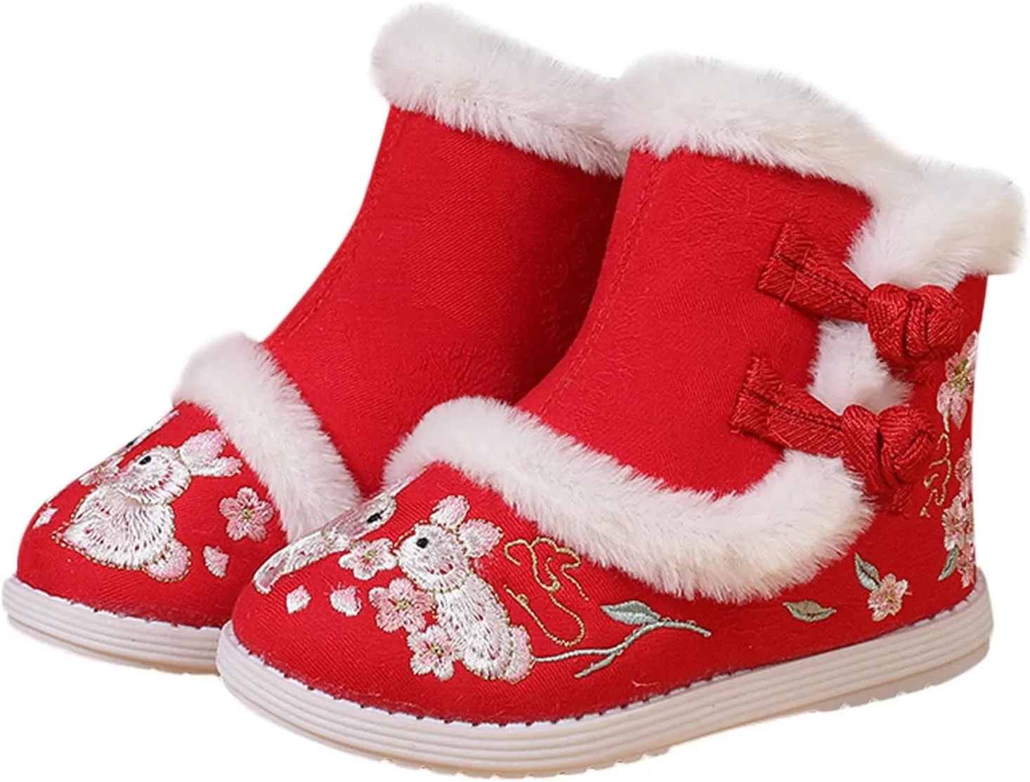 Girls Chinese Vintage Embroidered Cloth Boots Plush Inside Calendar New Year Traditional National Style Cotton Shoes