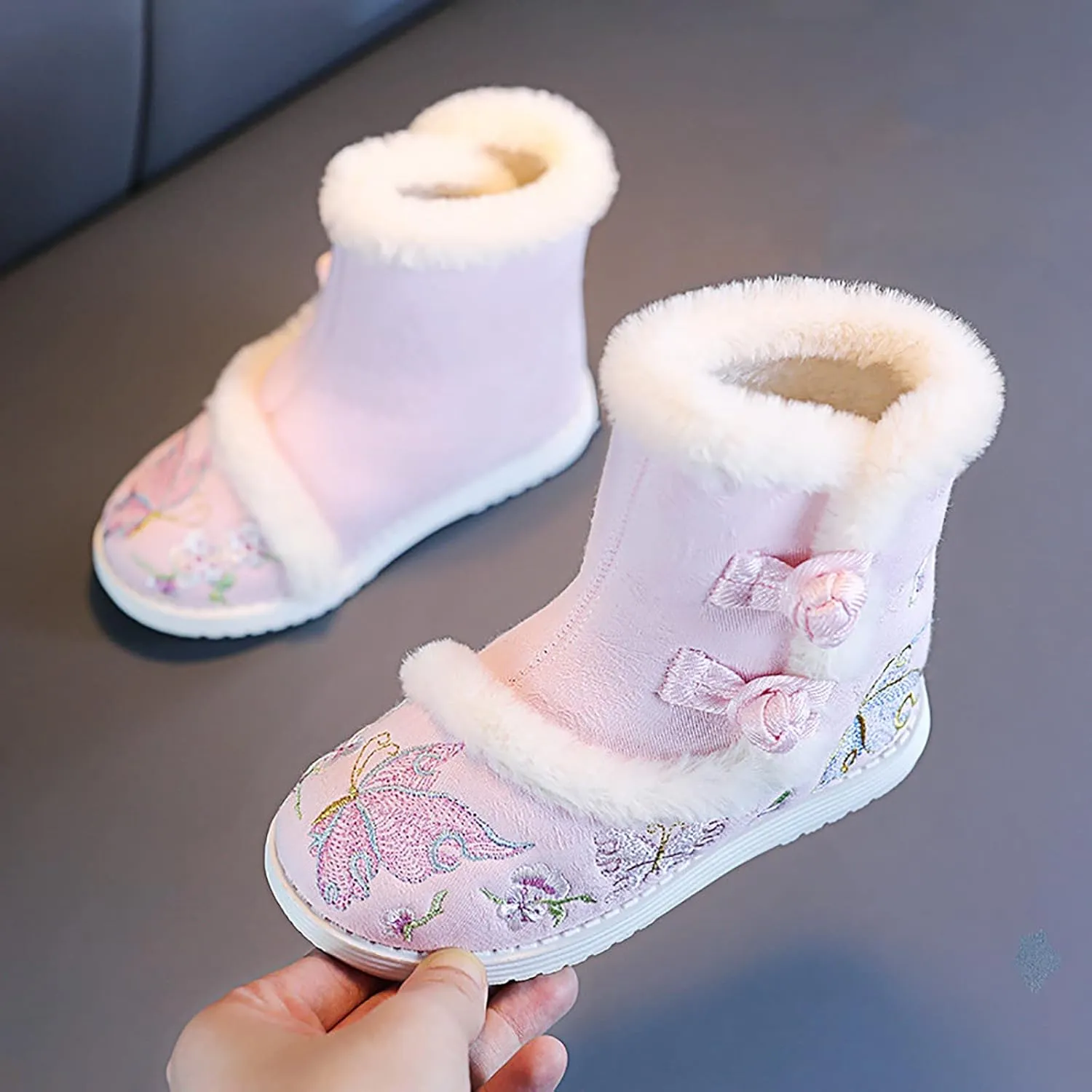 Girls Chinese Vintage Embroidered Cloth Boots Plush Inside Calendar New Year Traditional National Style Cotton Shoes
