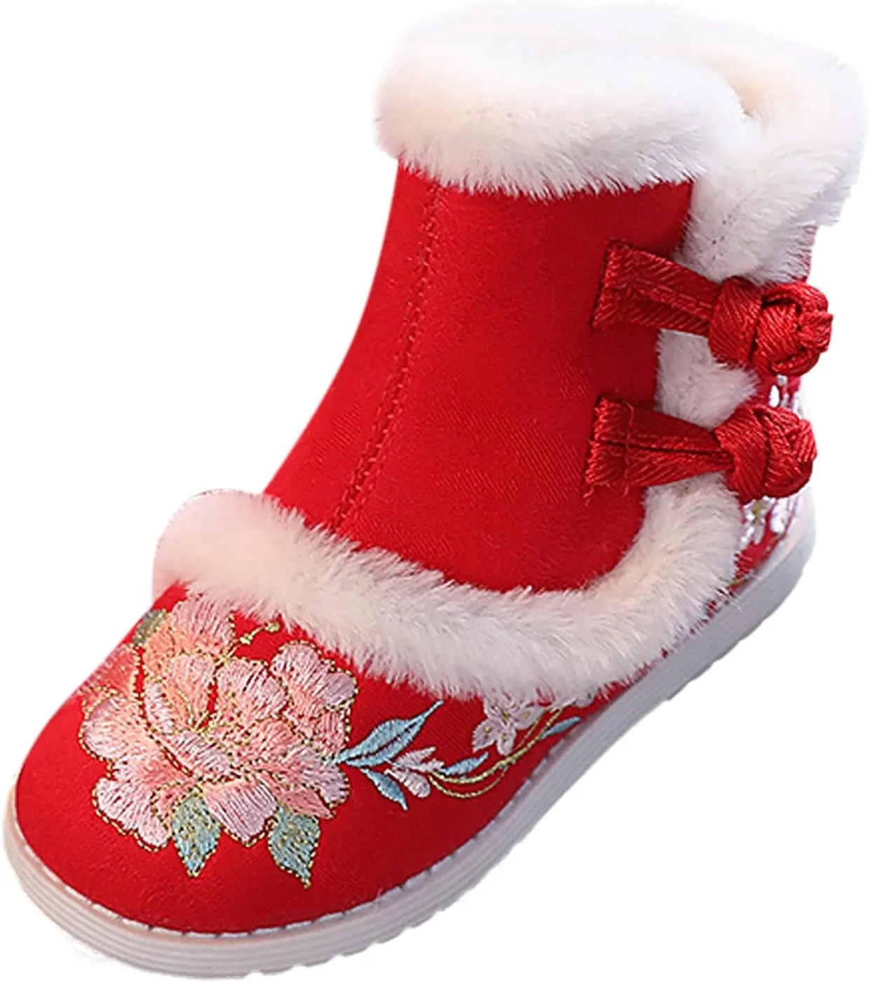 Girls Chinese Vintage Embroidered Cloth Boots Plush Inside Calendar New Year Traditional National Style Cotton Shoes
