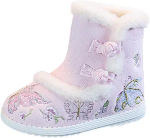 Girls Chinese Vintage Embroidered Cloth Boots Plush Inside Calendar New Year Traditional National Style Cotton Shoes