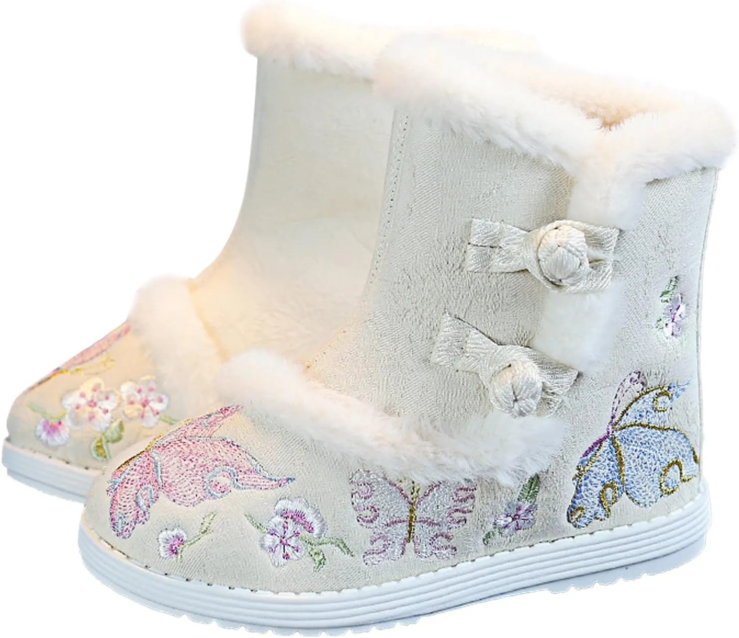 Girls Chinese Vintage Embroidered Cloth Boots Plush Inside Calendar New Year Traditional National Style Cotton Shoes