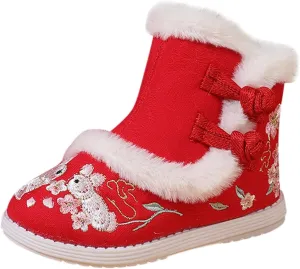 Girls Chinese Vintage Embroidered Cloth Boots Plush Inside Calendar New Year Traditional National Style Cotton Shoes