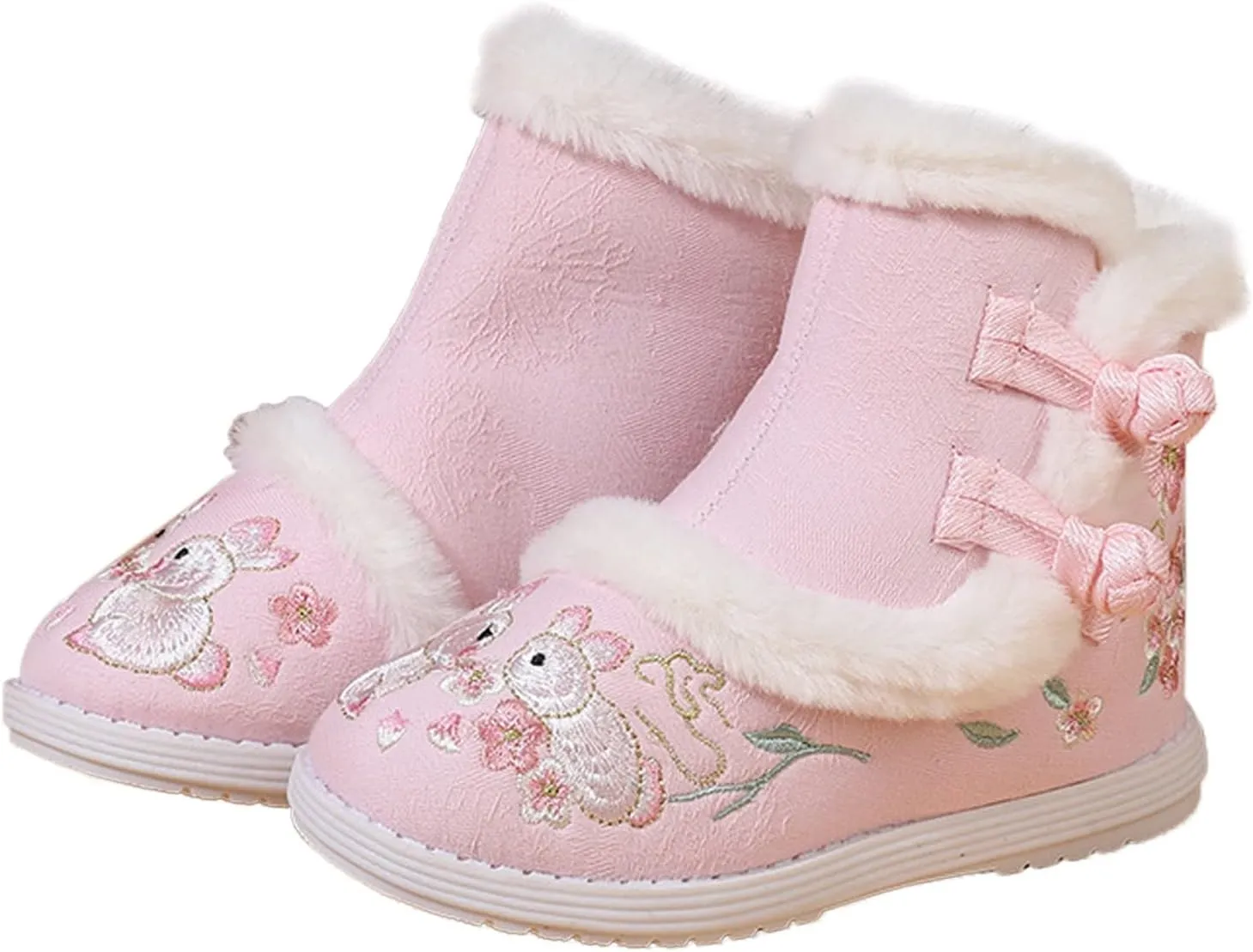 Girls Chinese Vintage Embroidered Cloth Boots Plush Inside Calendar New Year Traditional National Style Cotton Shoes